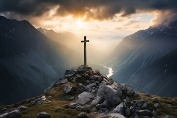  a cross on top of a mountain with a river running through the valley in the distance under a cloudy sky with sun rays coming through the clouds over the mountains. - obrazy, fototapety, plakaty