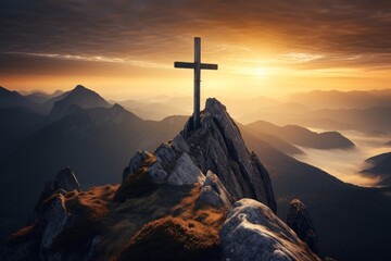  a cross on top of a mountain with the sun setting in the background and clouds in the sky over the top of the mountain is a crucift. - obrazy, fototapety, plakaty
