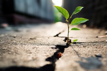  a small green plant sprouting out of a crack in a concrete floor with sunlight shining on the ground and a building in the backgroungground.