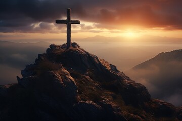  a cross on top of a mountain with a cloudy sky in the background of the image is a cross on top of a mountain with a cloudy sky in the background.