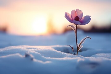  a single pink flower sitting in the middle of a snow covered field with the sun setting in the distance in the distance, with a blurry background of the snow - covered ground. - obrazy, fototapety, plakaty