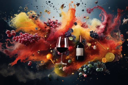  a bottle of wine and a glass of red wine on a black background with a splash of orange and red wine on the bottom of the glass and on the bottom of the image.
