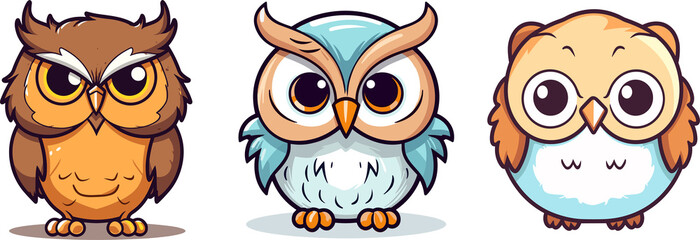 Little cartoon owl, cartoon style illustration with big eyes, on white or transparent background