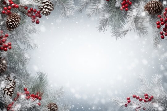  a christmas background with pine cones, berries and a pine cone on top of a fir tree with snow falling on the branches and on the top of the branches.