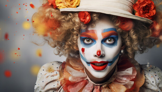 Spooky Beauty: Dark Carnival Lady with a Scary Clown Face Mask and Skull Makeup in a Creepy Studio Portrait