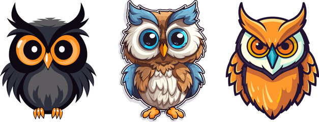 Little cartoon owl, cartoon style illustration with big eyes, on white or transparent background