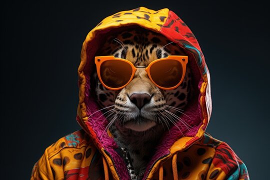  a close up of a person wearing a hoodie and sunglasses with a leopard print on it's face and a hoodie with a leopard print on it's face.