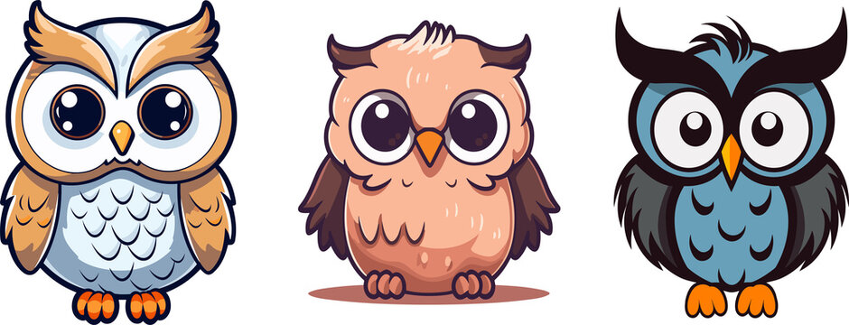 Little cartoon owl, cartoon style illustration with big eyes, on white or transparent background