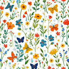 seamless pattern with flowers, butterflies and plants on white background