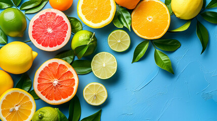 Slises of different citruses on the blue background. Close-up of slised citruses.