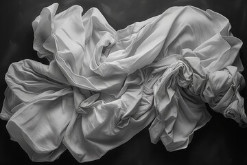  a black and white photo of a piece of cloth that has been blown in the air by the wind, with the fabric blowing in the wind, on a black background. - obrazy, fototapety, plakaty
