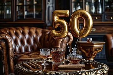 Number 50 gold foil balloon with cognac and cigar on the table in restaurant ai generated art