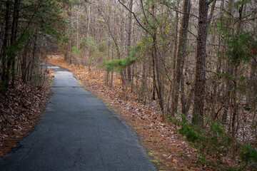 Trailhead park hiking trail in Tega Cay, South Carolina. 
