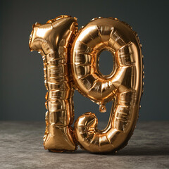 number 19 from golden balloon, 19th birthday - obrazy, fototapety, plakaty