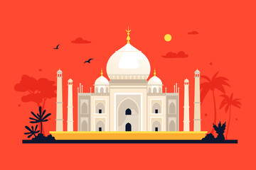 Taj Mahal Palace - modern colored vector illustration with mausoleum-mosque on a red background, located in Agra in India. Main attraction, exotic nature, one of the seven wonders of the world idea
