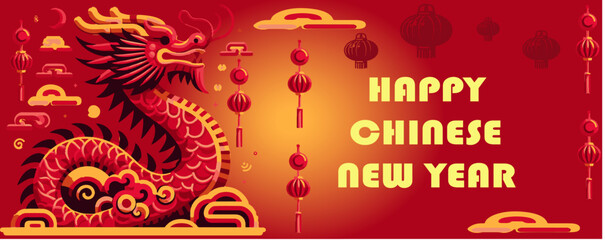 Chinese New Year banner with dragon and lanterns. Vector illustration. Happy Chinese New Year.