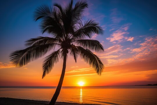  a palm tree sitting on top of a beach next to the ocean with a sunset in the backgrounge of the picture and a blue sky with white clouds.