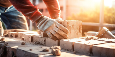 Hands of a mason in fabric gloves close-up laying bricks on cement mortar, against the backdrop of sunlight. Construction of a brick wall for a new house, brickwork. Construction concept - obrazy, fototapety, plakaty