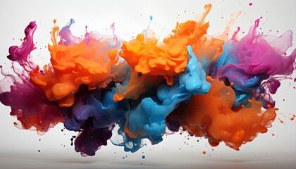 colorful ink splashes. Multicolor explosion on white background. Red, blue, orange, yellow color explosion isolated on white background. Paint explosion. Powder explosion isolated