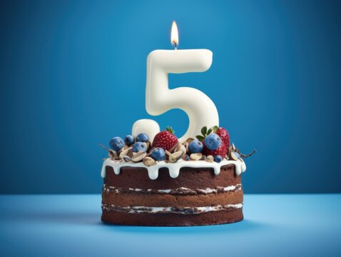 birthday cake with candles on top and number 5, blue background