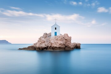  a small white church sitting on top of a rock in the middle of a body of water with a cross at the top of the rock in the middle of the picture. - obrazy, fototapety, plakaty