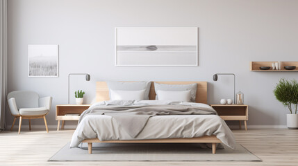 Stylish white and grey colour bedroom interior design scandinavian minimal style.