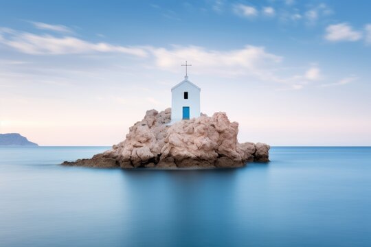  a small white church sitting on top of a rock in the middle of a body of water with a cross at the top of the rock in the middle of the picture.