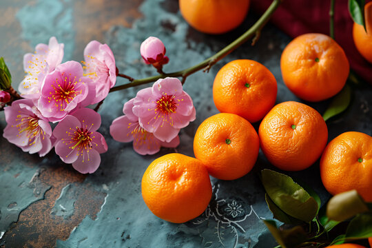 Plum blossoms flower and mandarin orange symbol of prosperity, lunar new year colourful backdrop , Chinese new year background.