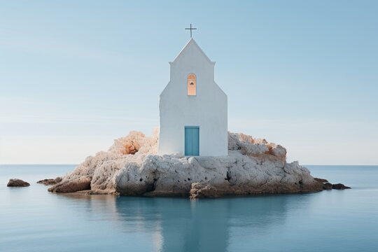  a white church with a blue door sits on a rock outcropping in the middle of a body of water with a cross at the top of water.