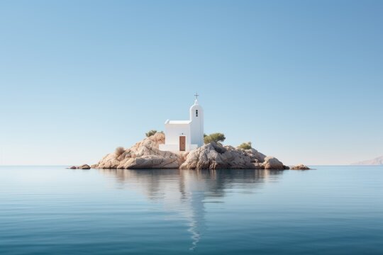  a small white church on a small island in the middle of the ocean with a clear blue sky above it and a few small trees on top of rocks in the water.