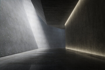 Empty underground concrete hall for parking. 3d rendering of abstract interior background. - obrazy, fototapety, plakaty