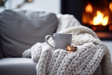 Fototapeta na wymiar a cup of coffee sitting on top of a couch next to a blanket on top of a couch with a fire place in the fireplace in the middle of the background.