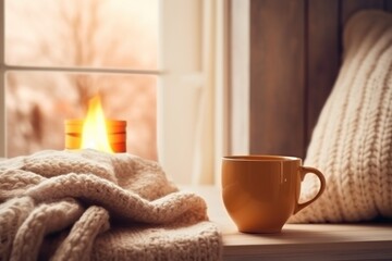 Fototapeta na wymiar a cup of coffee sitting on top of a window sill next to a blanket and a window sill with a lit candle on top of a window sill.
