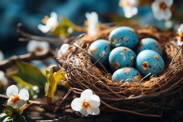  a nest filled with blue eggs sitting on top of a wooden table next to a branch with white flowers and a few white flowers on the side of the nest.