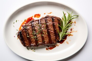  a white plate topped with a piece of steak covered in sauce and garnished with a sprig of green leaves and a sprig of rosemary.