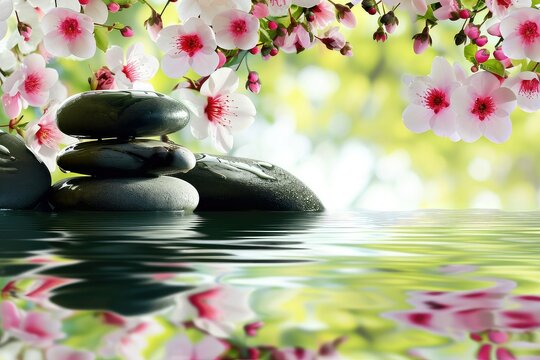 Stone Zen spa with  plumeria flower ,  spa background with copy space.