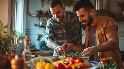 Two men engaging in cooking together in a sunny kitchen - obrazy, fototapety, plakaty
