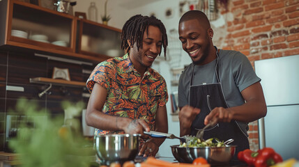 Two men engaging in cooking together in a sunny kitchen