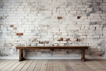  a wooden bench against a brick wall in a room with hard wood flooring and a white painted brick wall with a wooden bench in the middle of the floor.