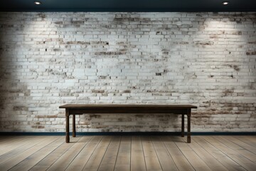  a wooden table in front of a brick wall with two lights on each side of the table and a wooden floor in front of a white brick wall with a wooden floor.