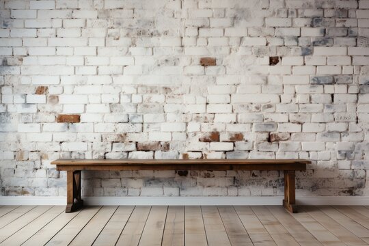 Fototapeta  a wooden bench against a brick wall in a room with hard wood flooring and a white painted brick wall with a wooden bench in the middle of the floor.