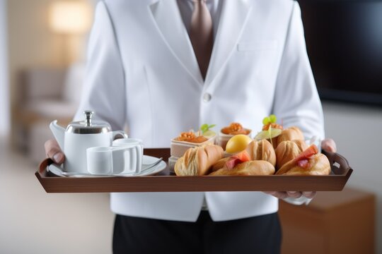  a man in a suit holding a tray with a tray of pastries and a cup of coffee and a teapot on a table in front of a tv.