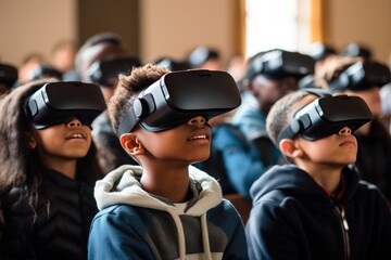 Group of Schoolchildren Engages in Virtual Reality Learning Experience in Classroom