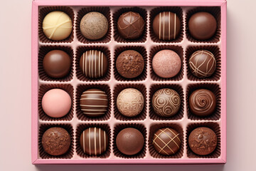 Assortment of luxury bonbons in box on pastel pink background. Exclusive handmade chocolate candy....