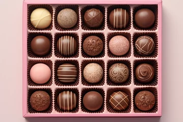 Badkamer foto achterwand Assortment of luxury bonbons in box on pastel pink background. Exclusive handmade chocolate candy. Minimal food concept © Robin