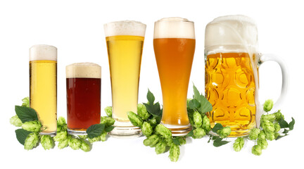 Beer Panorama with fresh Hops isolated on white Background
