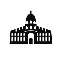 Building simple flat black and white icon logo, reminiscent of Colosseum, Historic Tourism Flat Silhouette Black and White.