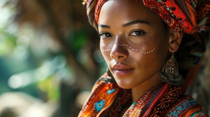Fototapeta premium Portrait of a woman wearing traditional attire and adornments in a lush tropical environment during daylight, showcasing cultural expression and natural beauty
