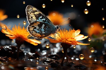 Fototapeta na wymiar a butterfly sitting on top of a yellow flower next to a puddle of water on top of a leafy plant with drops of water on the top of the petals.