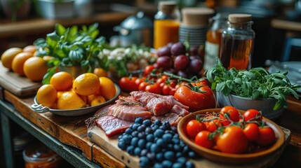 Fresh produce and meats displayed on rustic wooden table in vibrant kitchen environment